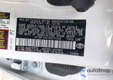 2017 Toyota Camry Se из США, поврежденный, VIN 4T1BF1FK7HU374594